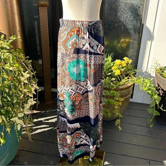 Boho Chic Patchwork Colorful Satin Feel Mixed Print Long Maxi Skirt / Women’s M - Picture 7 of 7